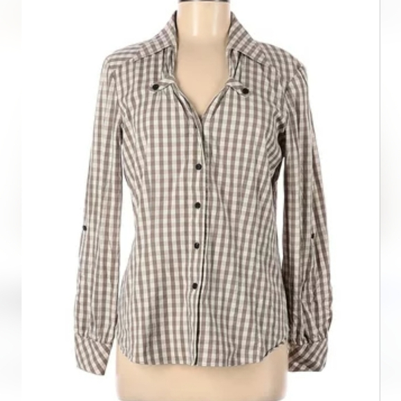 Lafayette 148 Taupe and Cream Plaid Gingham Button Down Blouse size 10 - Picture 9 of 9